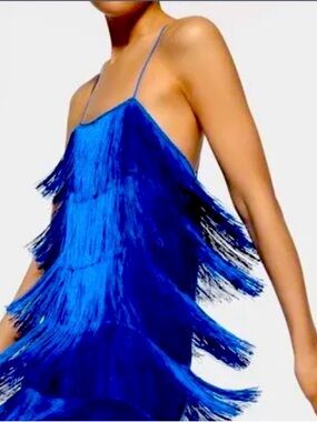 Zara Woman NWT FW21 fringed mini dress cobalt. Ref: 0387/208